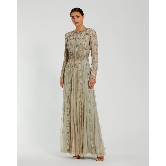Mac Duggal NEW Embellished Mesh Long Sleeve A Line Gown Nude Sage $1,798 Size 10 - Picture 5 of 16